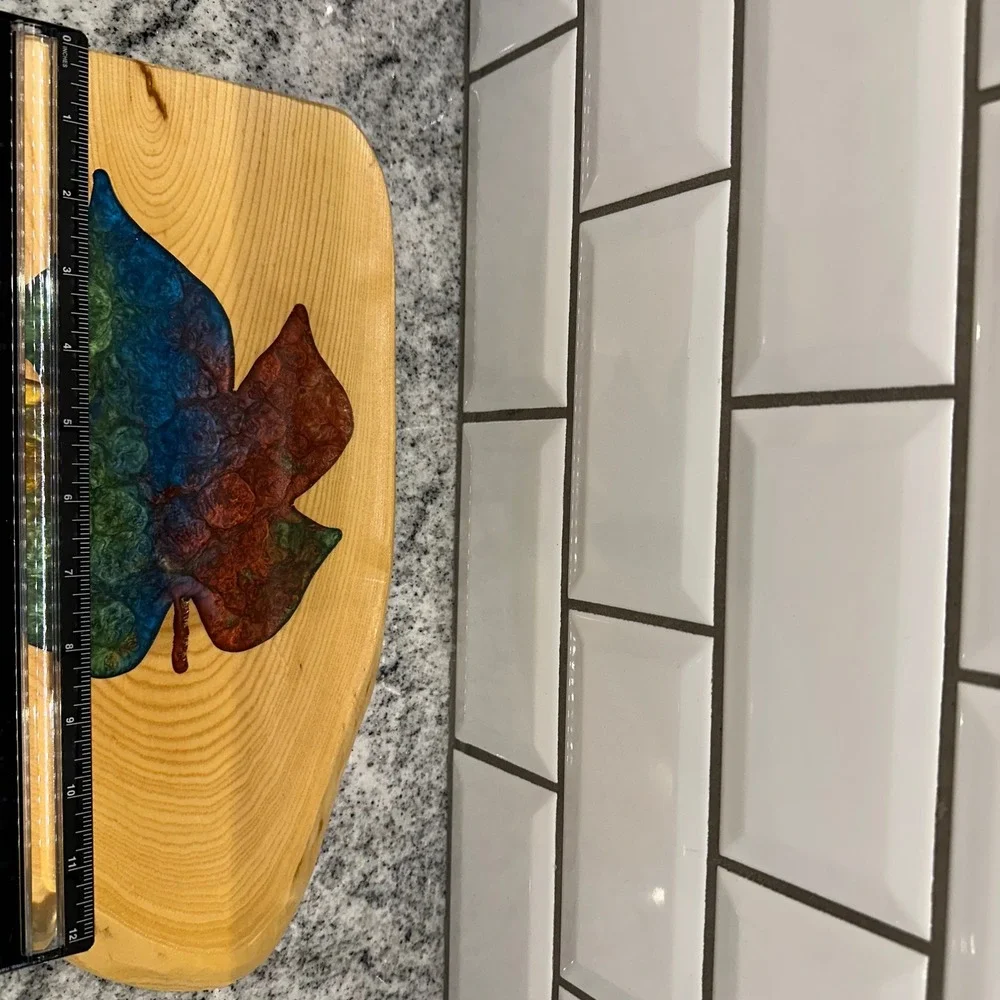 White Mountain Woodworks Live edge Cutting Board Rainbow Resin Leaf Rustic Boho